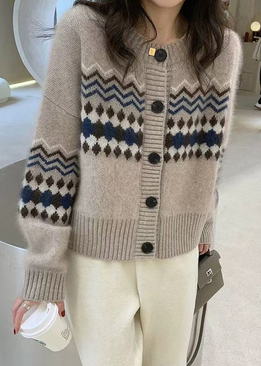 Apricot O Neck Jacquard Button Knit Cardigans Spring