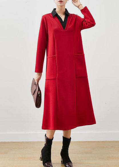 Red V Neck Patchwork Cotton Holiday Dresses Spring