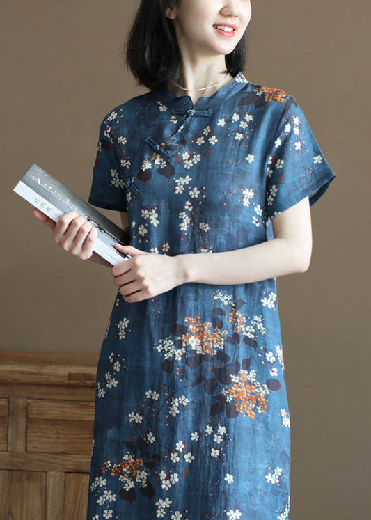 Navy Stand Collar Print Oriental Button Linen Chinese Style Dress Short Sleeve