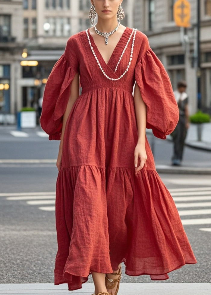 Red Nail Bead Exra Large Hem Cotton Dress Fall