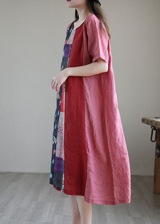 Red Loose Patchwork Cotton Blend Fall Short Sleeve Long Dresses