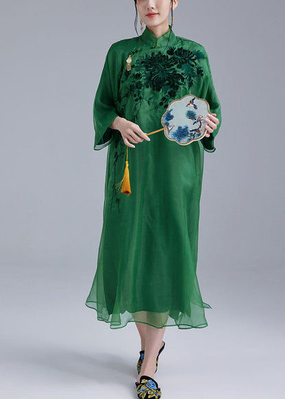 Fine Green Mandarin Collar Embroideried Tulle Silk a Line Dress Bracelet Sleeve Summer