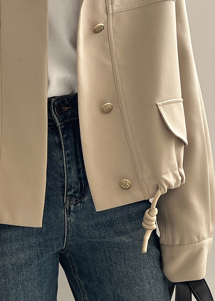 Khaki Stand Collar Drawstring Cotton Coat Outwear Fall