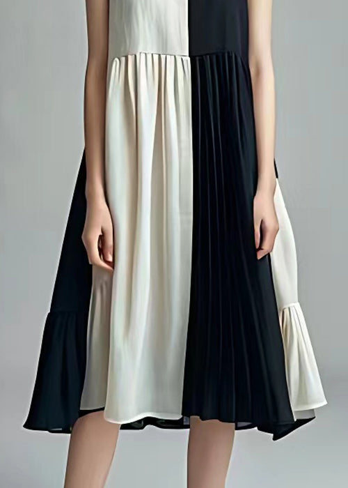 Black Wrinkled Patchwork Cotton Dresses Sleeveless