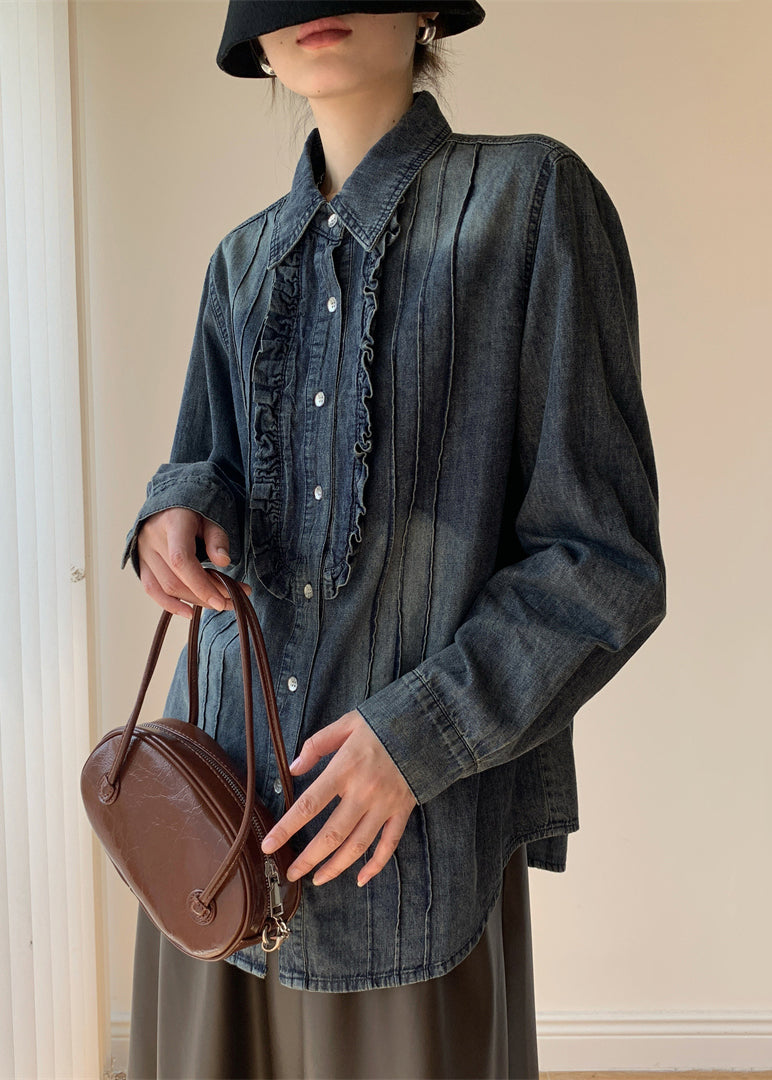 Blue Ruffled Button Denim Shirt Fall