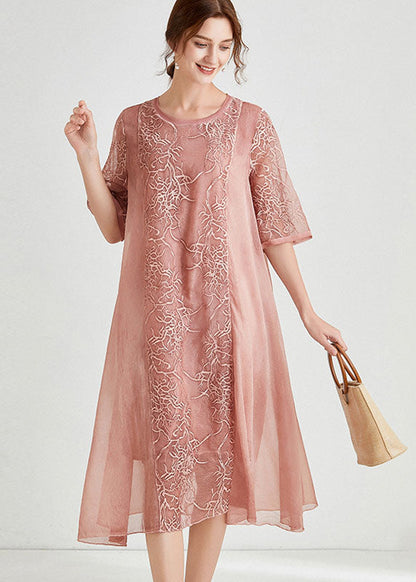 Pink Embroideried Patchwork Chiffon Dress Half Sleeve