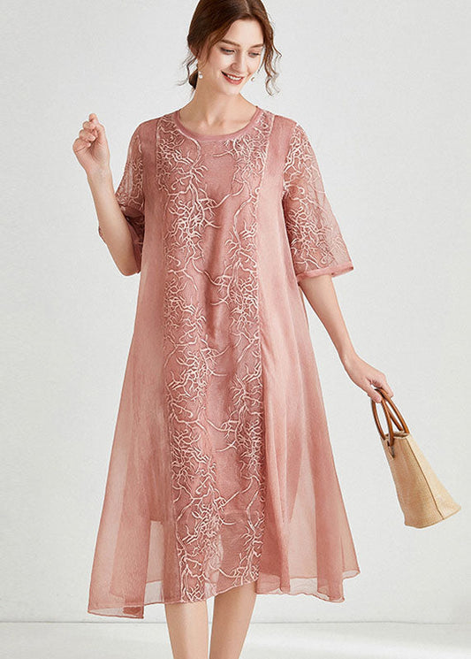 Pink Embroideried Patchwork Chiffon Dress Half Sleeve