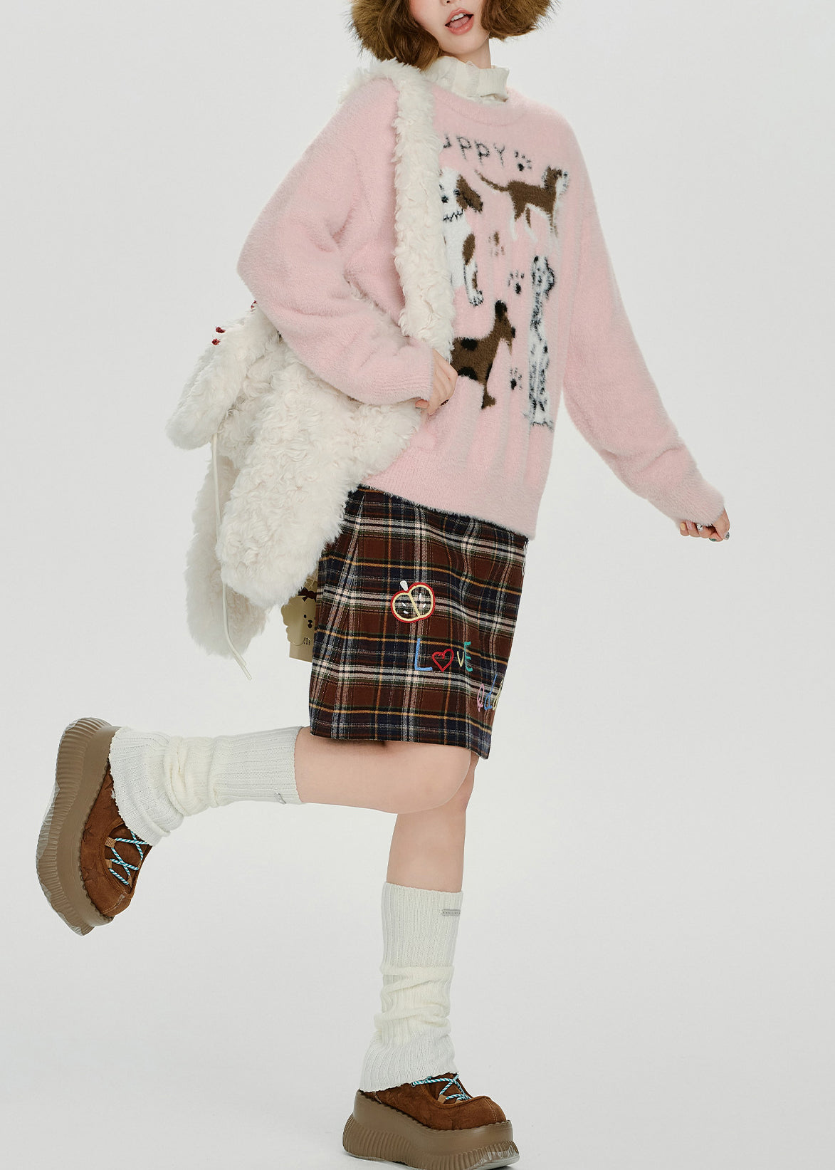 Cozy Pink Puppy Jacquard Knitted Tops Winter