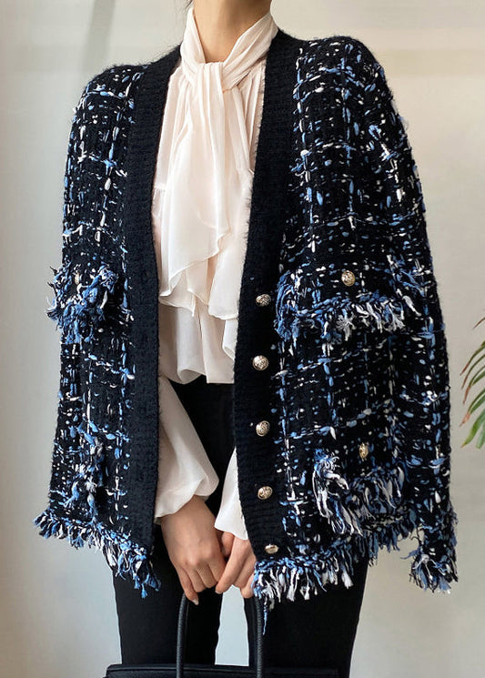Art Black V Neck Button Pockets Knitted Cotton Coats Fall
