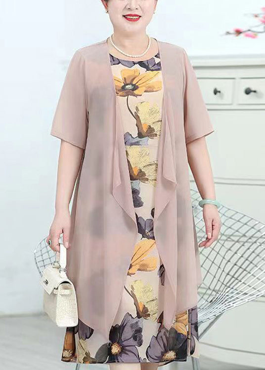 Pink O-neck Print Patchwork Chiffon Two Piece Suit Summer