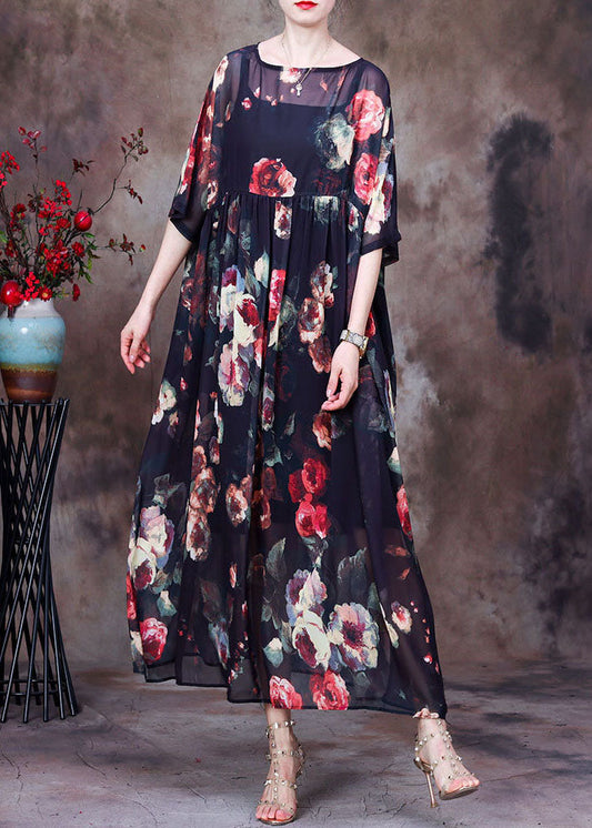 Black O-neck Wrinkled Print Chiffon Beach Dress Two Pieces Set Summer