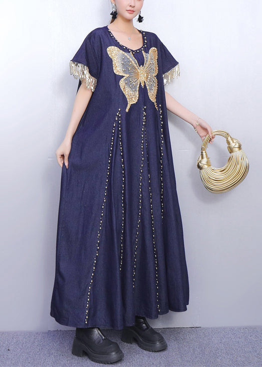 Navy Tasseled Butterfly Denim Vacation Dresses Summer