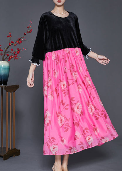 Black Oversized Patchwork Silk Velour Long Dresses Spring