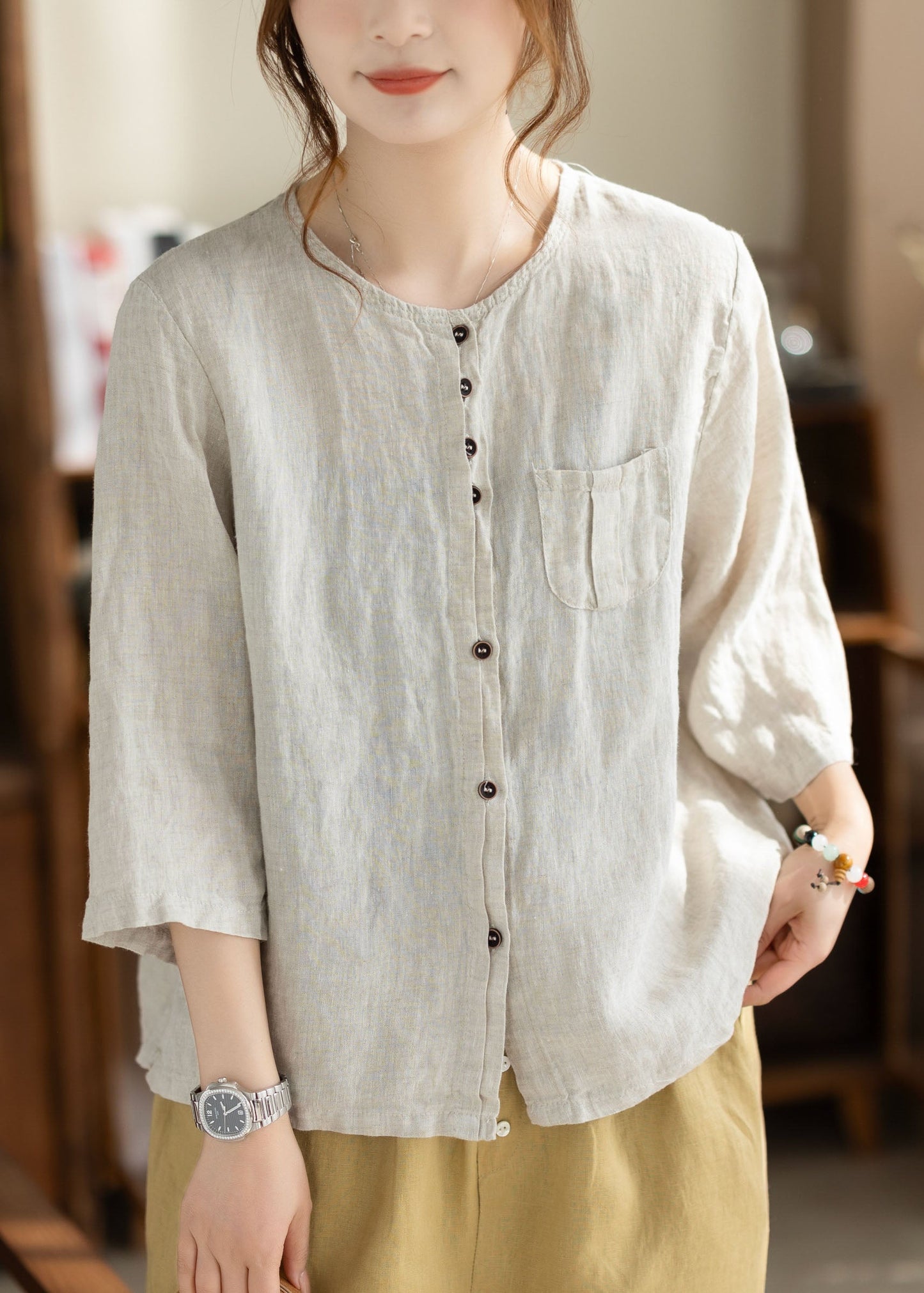 Khaki O Neck Button Pockets Linen Shirt Bracelet Sleeve