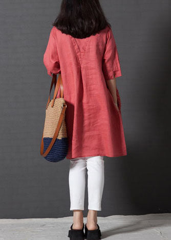 Diy Red Embroidered Linen Day Dress Half Sleeve