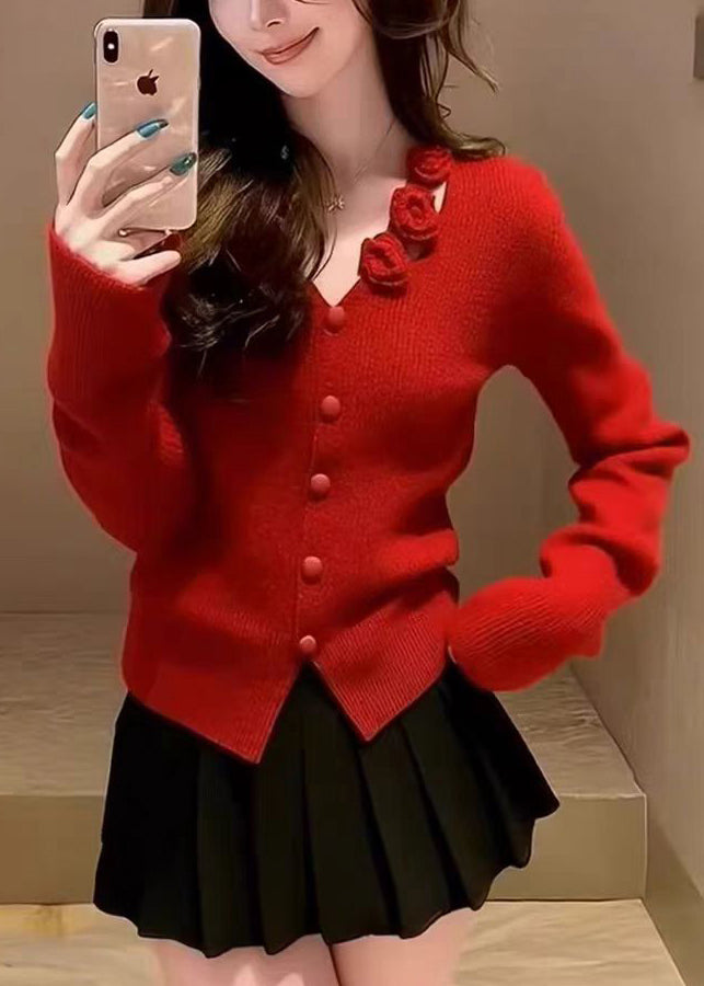Organic Red Button Cotton Knit Sweater Spring