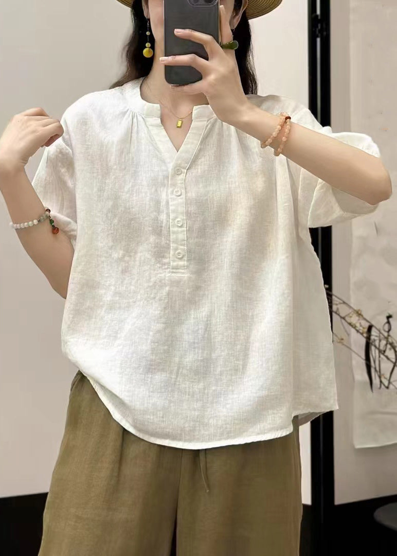 White Button Linen Summer Shirts V Neck