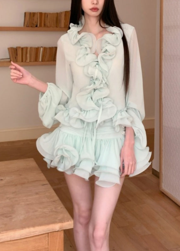 Slim Fit Light Green V Neck Ruffled Chiffon Shirt and Skirts Two Pieces Set Fall