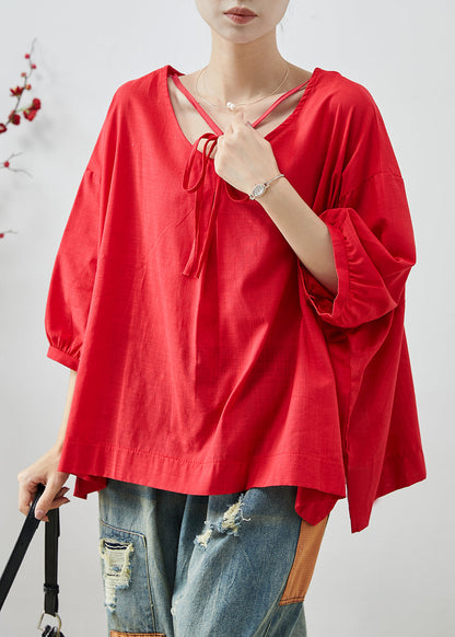 Red Oversized Cotton Shirt Tops Bracelet Sleeve