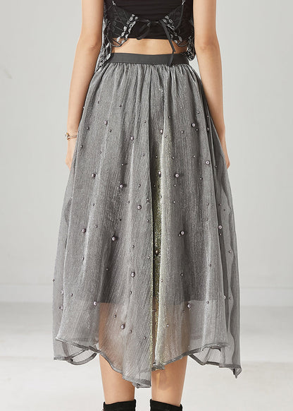 Classy Grey Nail Bead Tulle a Line Skirt Spring