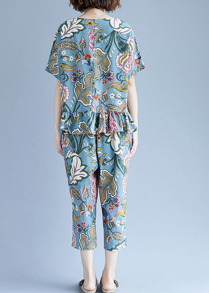 Blue O-neck Cotton Tops and Crop Pants Two Pieces Set Spring