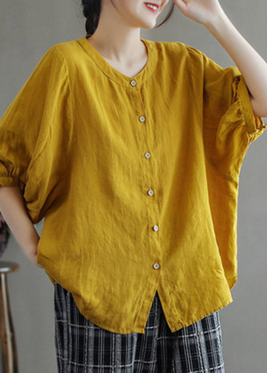 Loose Yellow O-neck Button Linen Shirts Half Sleeve