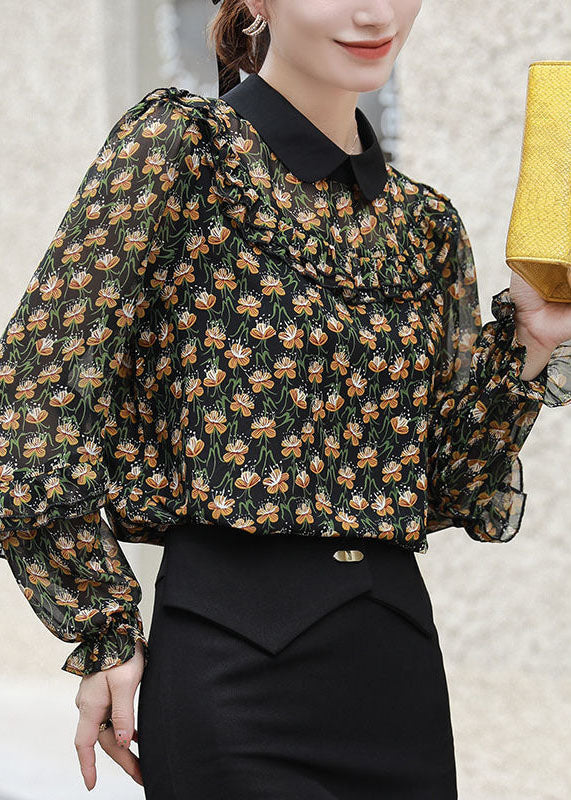 Black Peter Pan Collar Ruffles Patchwork Print Chiffon Blouses Spring