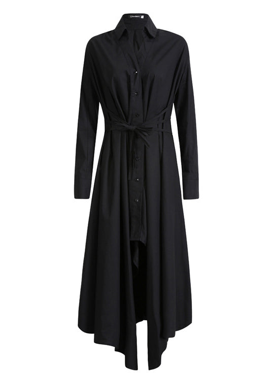 Black Asymmetrical Tie Waist Long Dresses Long Sleeve