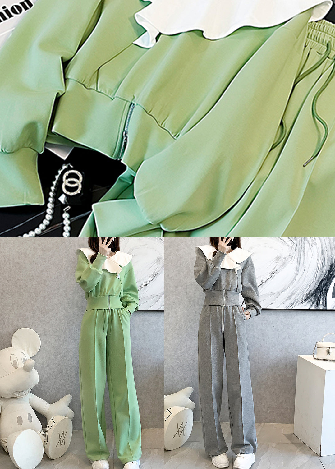 Grey Cotton Tops and Pants Sport Suit Ruffled Spring
