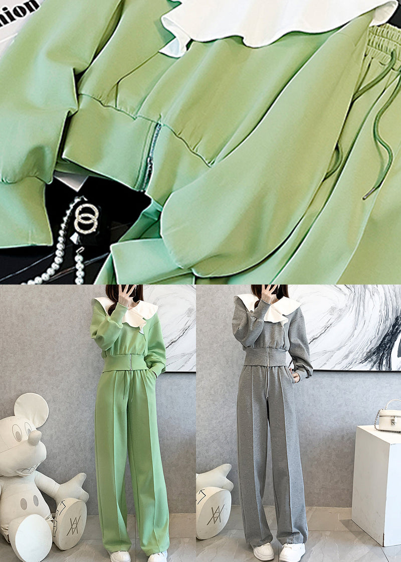 Stylish Green Tops and Pants Cotton Two Pieces Set Spring