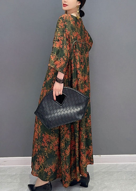 Green O Neck Print Patchwork Cotton Maxi Dresses Spring