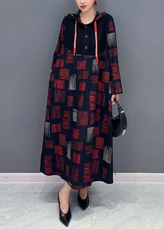 Red Hooded Plaid Patchwork Cotton Long Dress Fall
