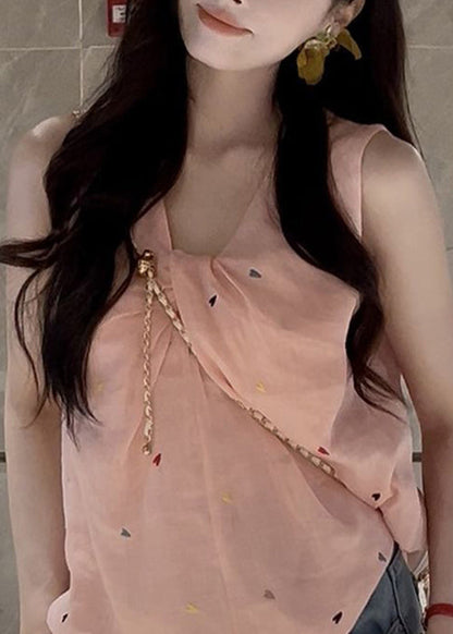 Pink V Neck Print Cotton Shirt Sleeveless