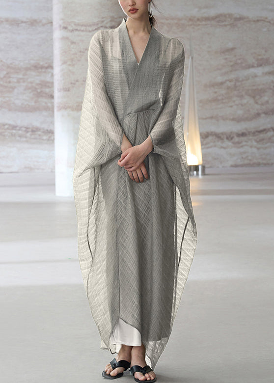 Grey V Neck Patchwork Cotton Dress Two Piece Set Summer