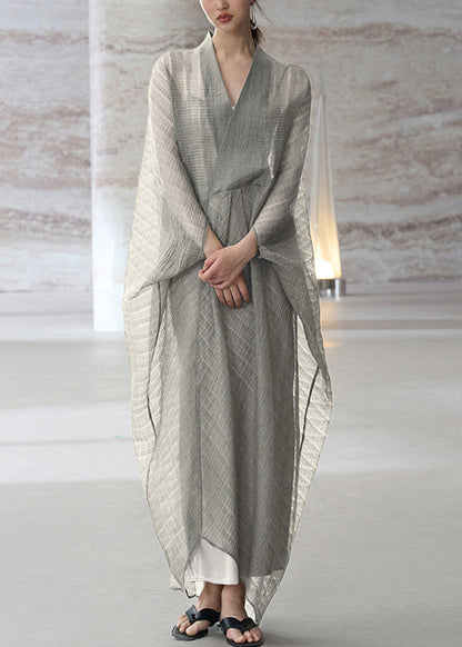 Grey V Neck Patchwork Cotton Dress Two Piece Set Summer