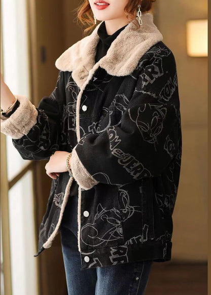 Black Print Button Patchwork Warm Fleece Coat Winter