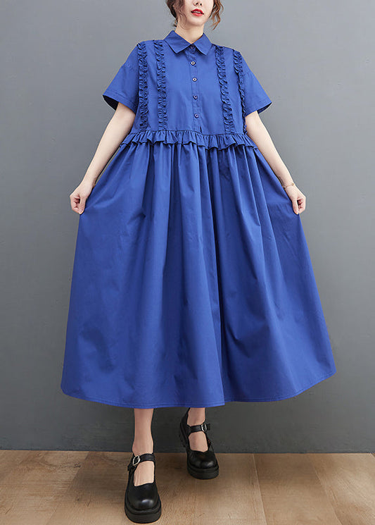 Unique Blue Peter Pan Collar Button Wrinkled Cotton Shirt Dress Short Sleeve