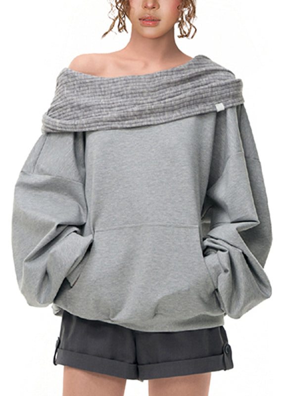 Grey Slash Neck Pockets Sweatshirts Lantern Sleeve