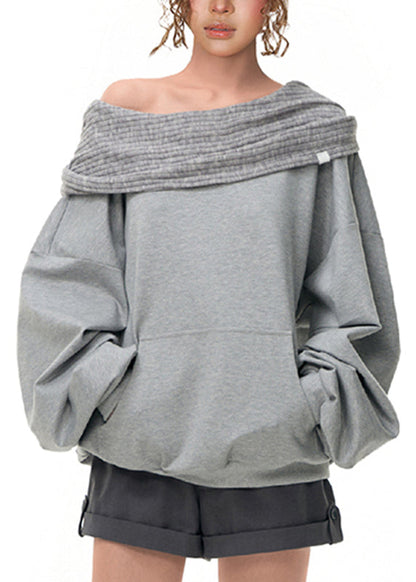 Grey Slash Neck Pockets Sweatshirts Lantern Sleeve