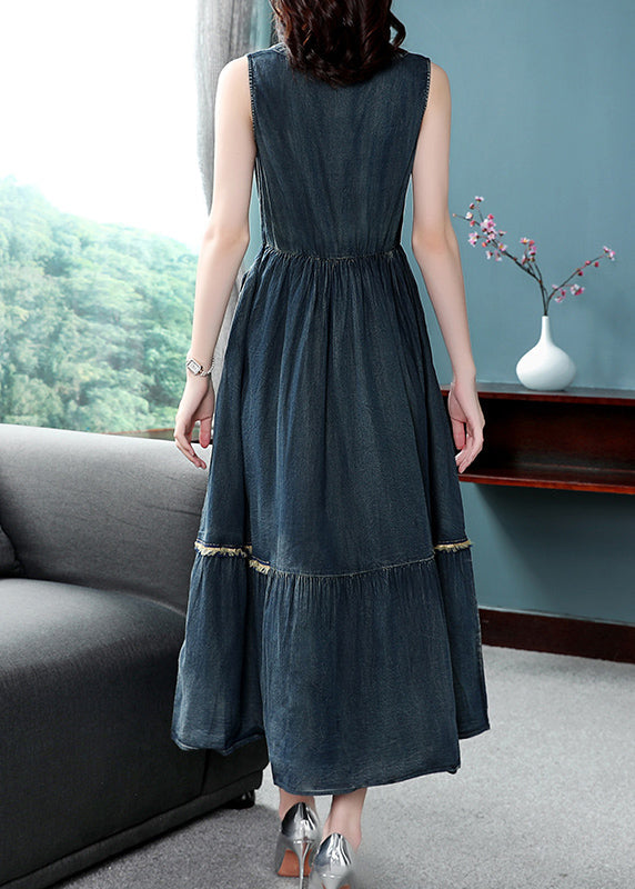 Boutique Denim Blue O-neck Lace Up Button Cotton Cinch Dresses Sleeveless