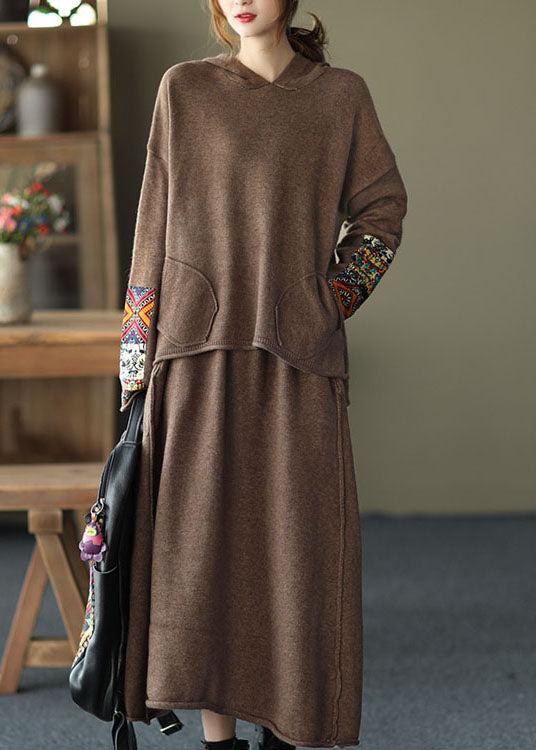 Red Oriental Hooded Knit Fall Two Pieces Set