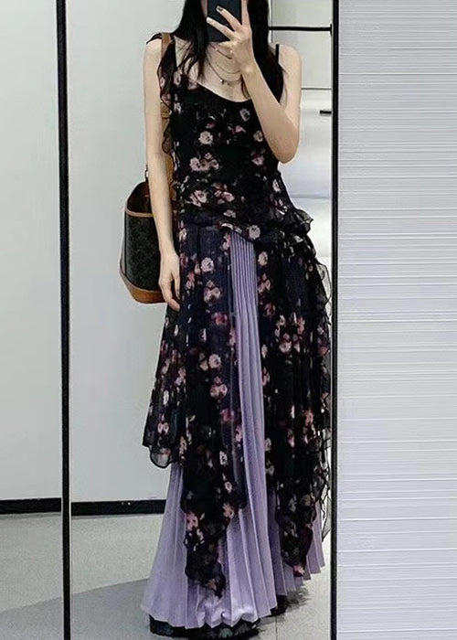 Black Ruffled Print Chiffon Two-piece Set Sleeveless
