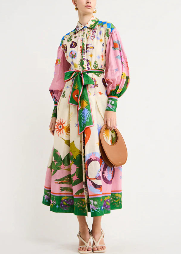 Loose Pink Print Tie Waist Cotton Shirts Dresses Long Sleeve Fall