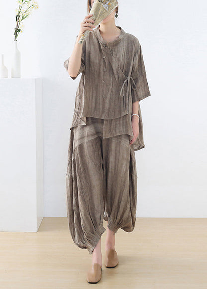 Khaki Asymmetrical Tie Dye Lace Up Linen Two Pieces Set Fall