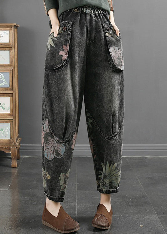 Black Grey Pockets Print Patchwork Denim Pants Fall