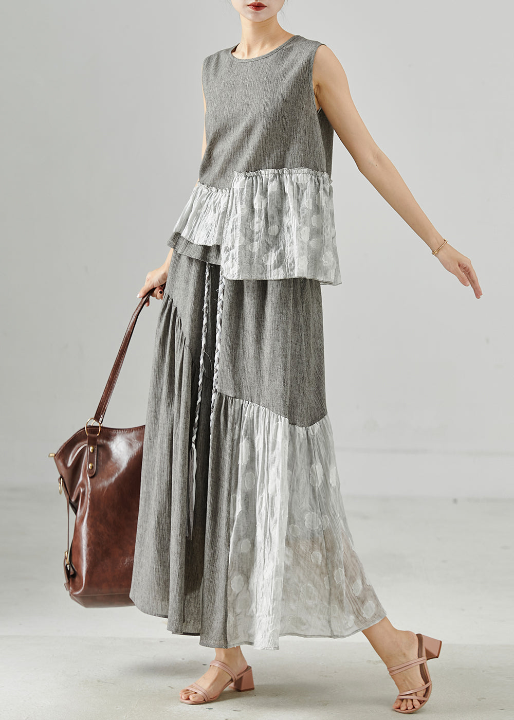 Grey Asymmetrical Patchwork Linen Two Piece Set Clothing Sleeveless