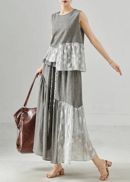 Grey Asymmetrical Patchwork Linen Two Piece Set Clothing Sleeveless