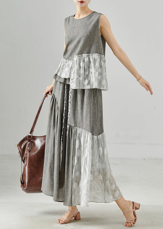 Grey Asymmetrical Patchwork Linen Two Piece Set Clothing Sleeveless