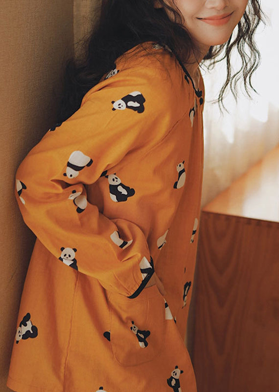 Art Yellow O-neck Animal Print Pockets Cotton Two Pieces Set Long Sleeve