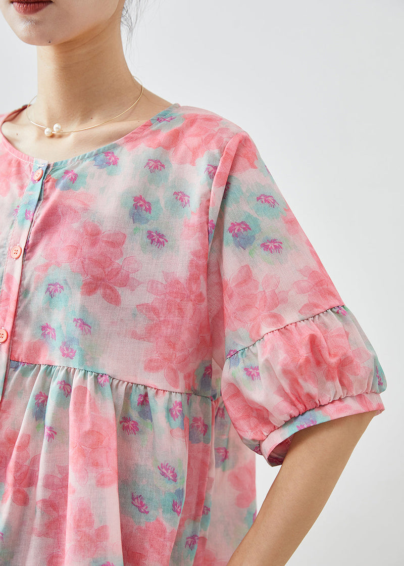 Simple Pink O-neck Print Linen Shirt Tops Half Sleeve